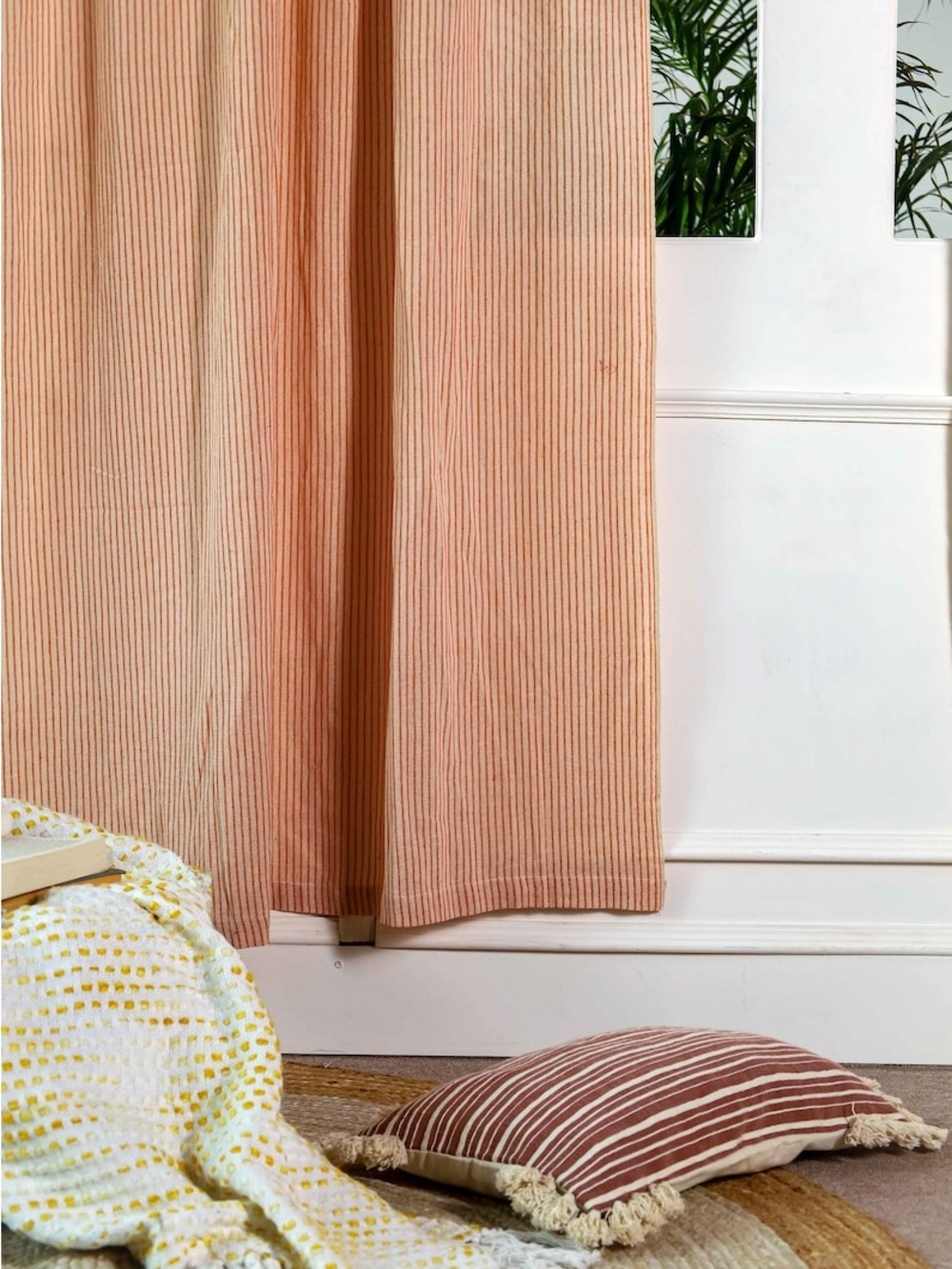 Orange Striped Linen Gauze Curtain 2 Panel 90 x 106